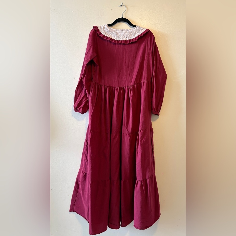 Vintage Cotton Maxi Dress with Peter Pan Lace Collar Prairie Style Size Medium - Picture 4 of 11